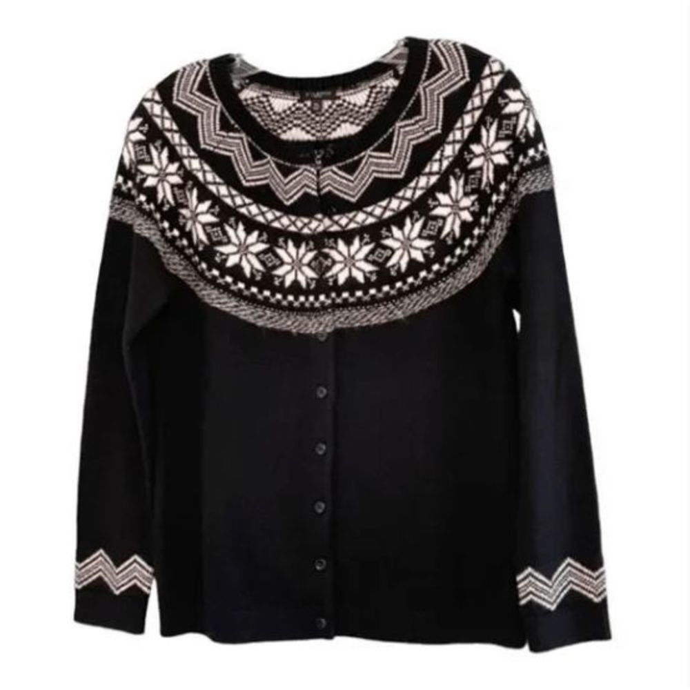 Talbots Black and White Fair Isle Cardigan Sweater
